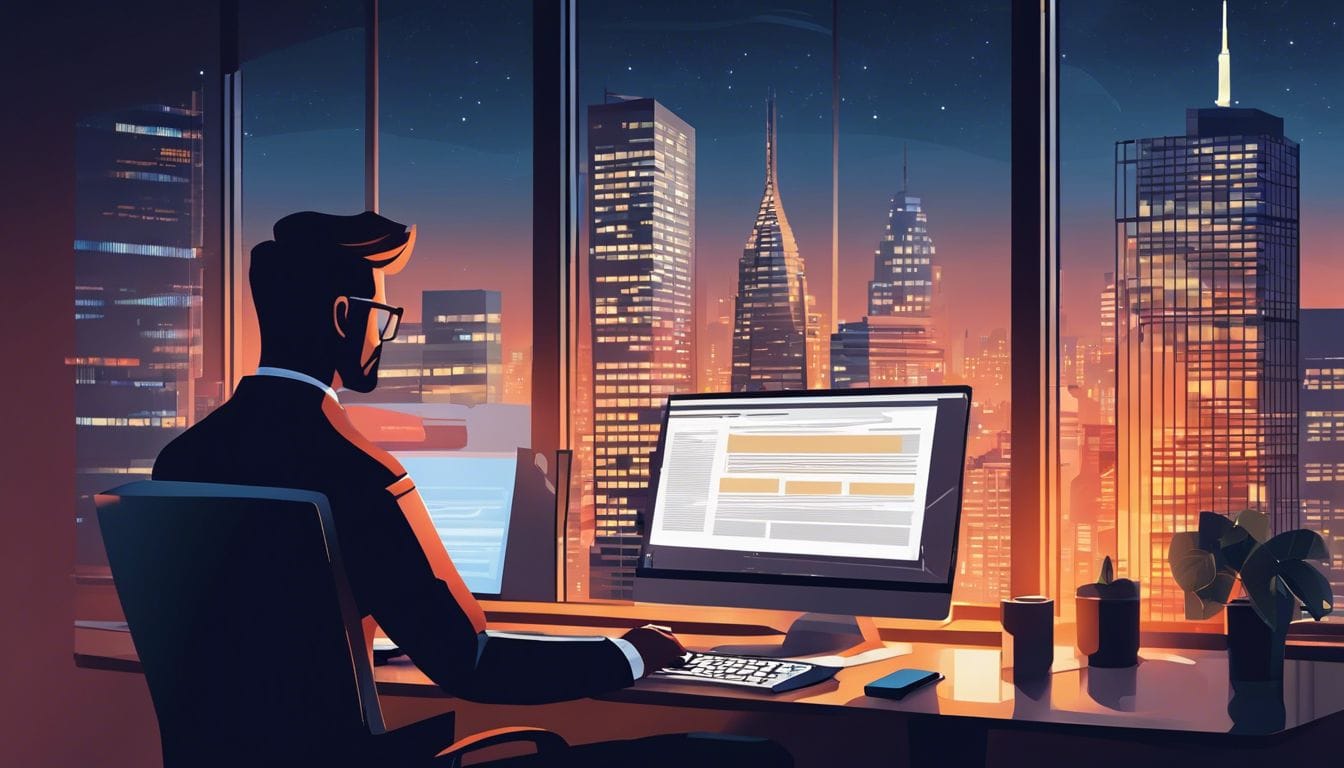 Persoon bekijkt financi&euml;le overzichten op computer met stadsgezicht op de achtergrond.