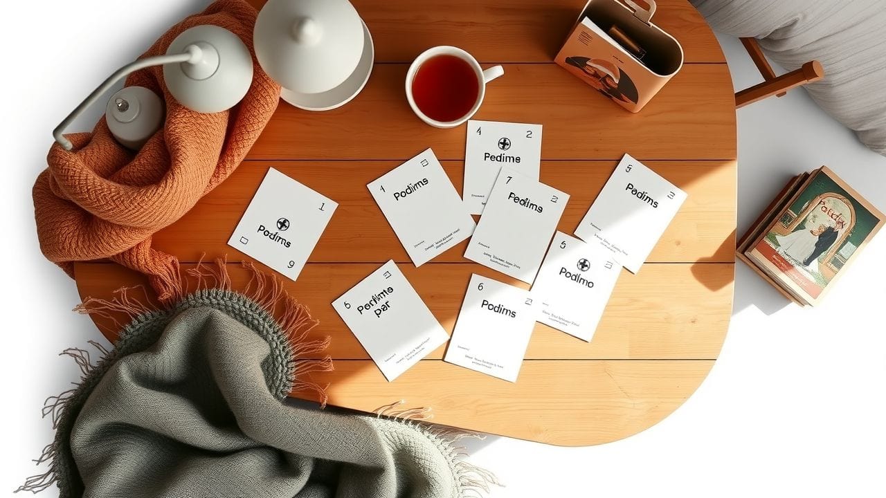 Podimo abonnement kaarten op tafel met lees hoek sfeer.