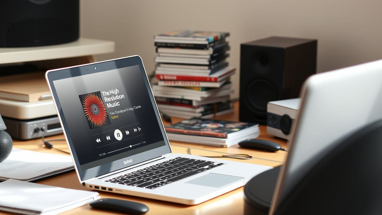Een rommelig bureau met een open laptop speelt muziek af.