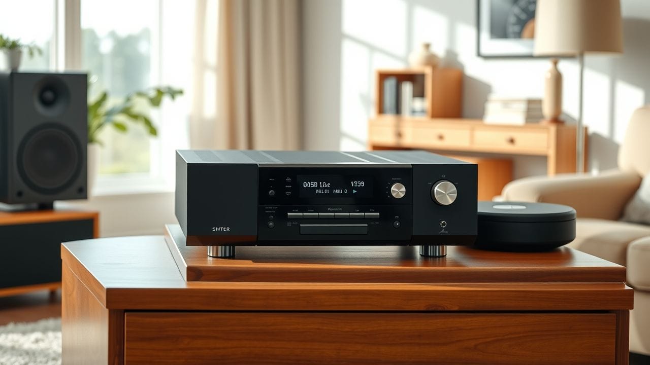 Een moderne stereo-installatie met CD's en streaming-apparaat op een houten plank.