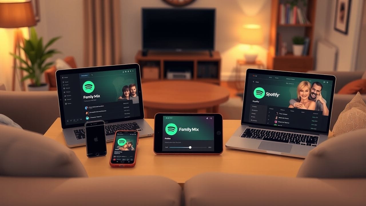 Een gezellige woonkamer met verschillende apparaten die de Spotify Family Mix-afspeellijst weergeven.