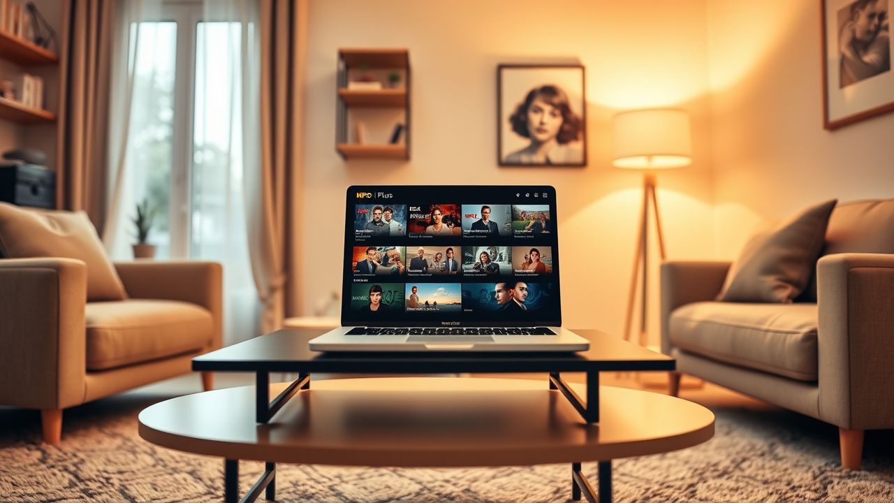 Een gezellige woonkamer met een open laptop en NPO Plus series.