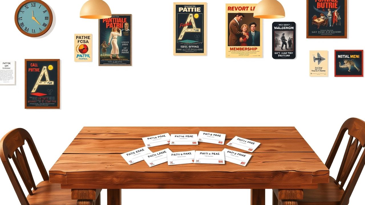 Een verzameling Path&eacute; lidmaatschapskaarten op een rustieke tafel met vintage film memorabilia.
